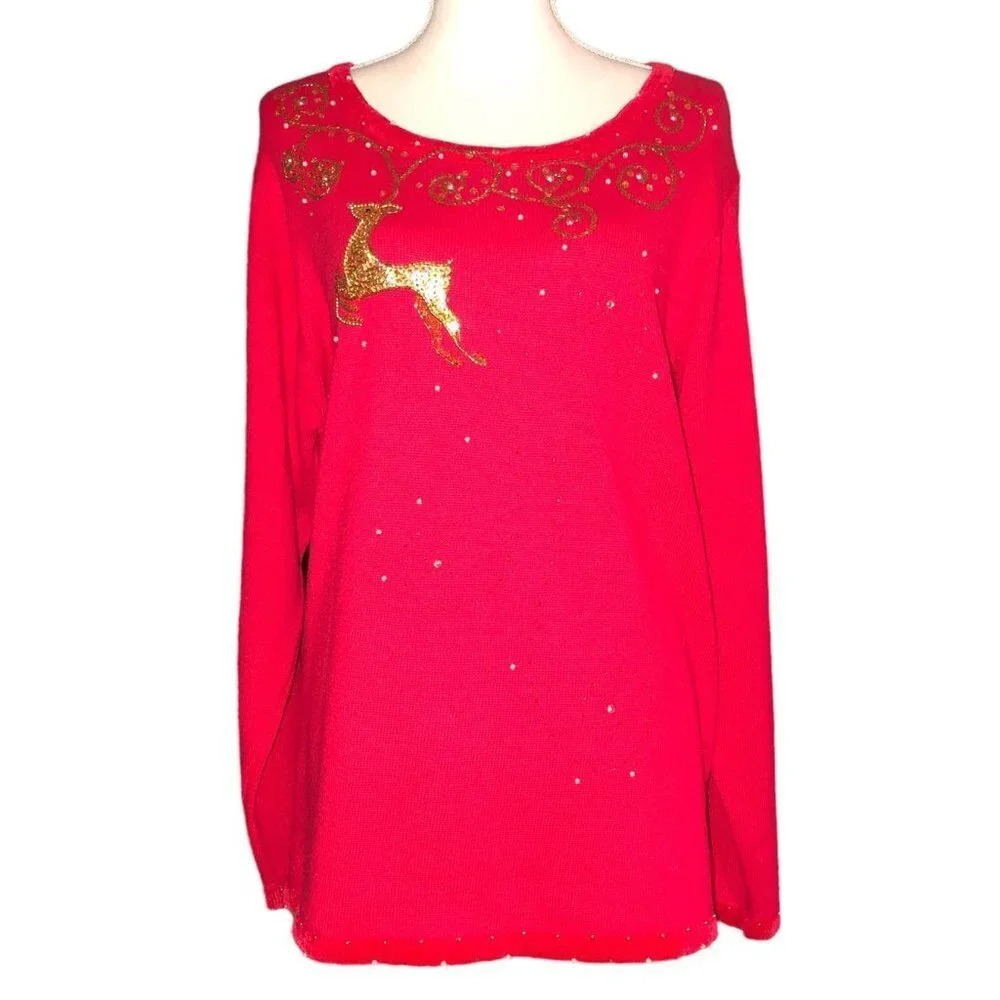 QUACKER FACTORY Sz XL Plus Size Red Gold Pearl Reindeer Christmas Xmas Sweater